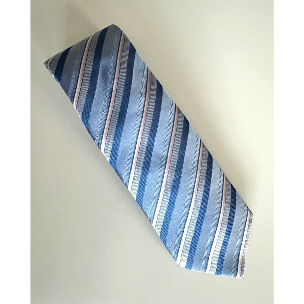 BOSS Hugo Boss 100% Silk Tie Blue Pink Gray Striped Made in Italy